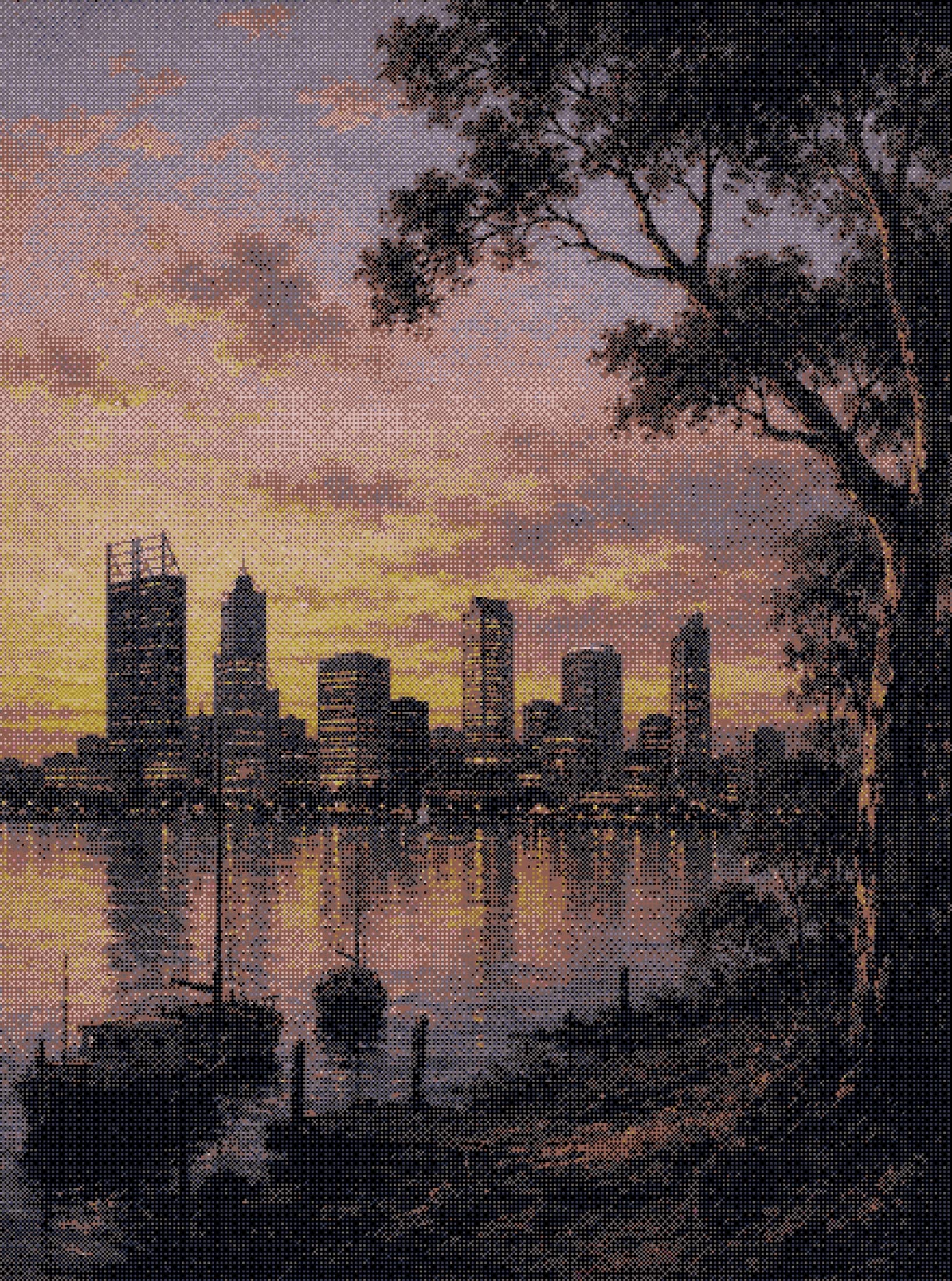 the perth skyline across the swan river at dusk, jetty posts in the shallows