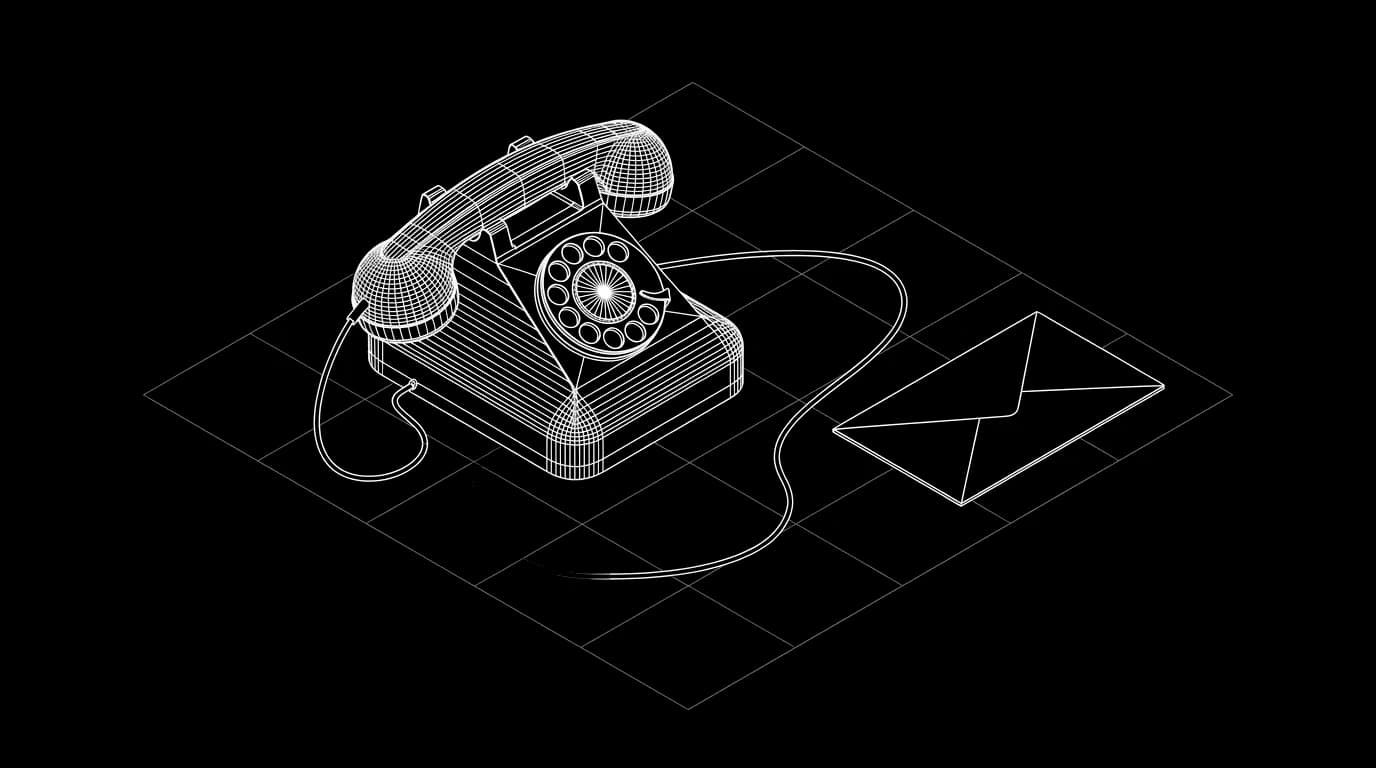 Isometric wireframe of a rotary desk telephone connected by a cable to an envelope, on a faint grid floor