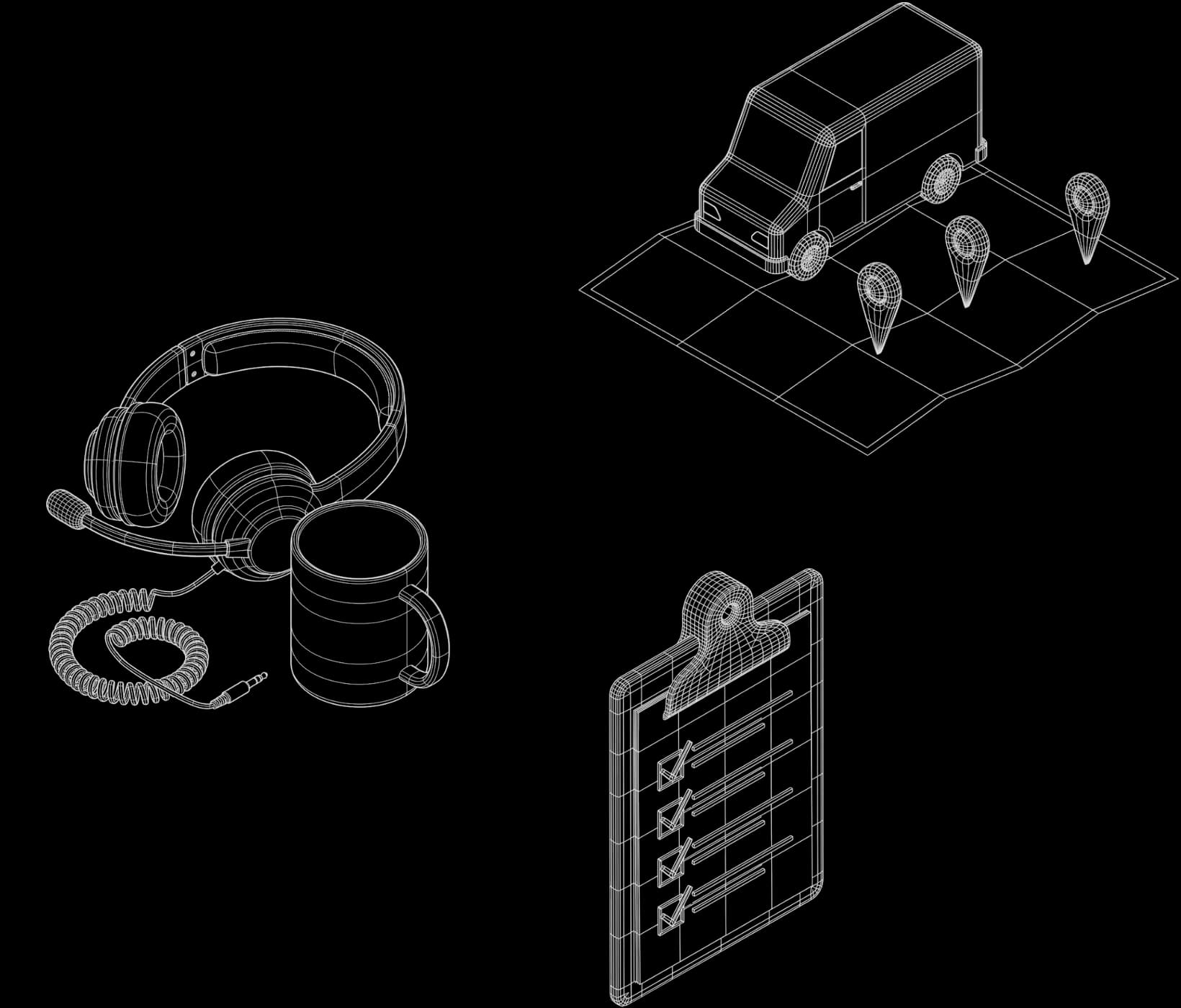 Wireframe line drawing of a delivery van on a map with location pins, a headset beside a coffee mug, and a clipboard with a ticked checklist.