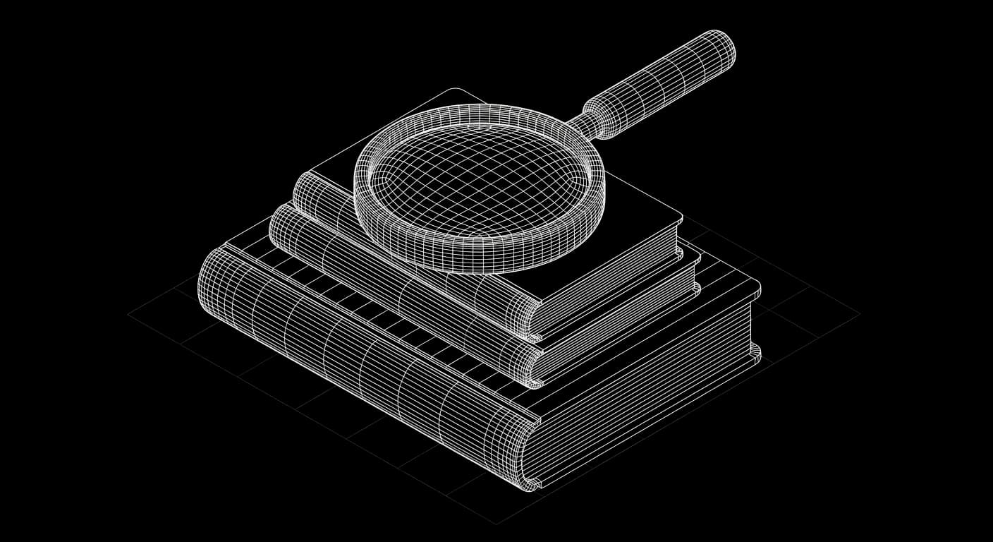Isometric wireframe illustration of a knowledge base search