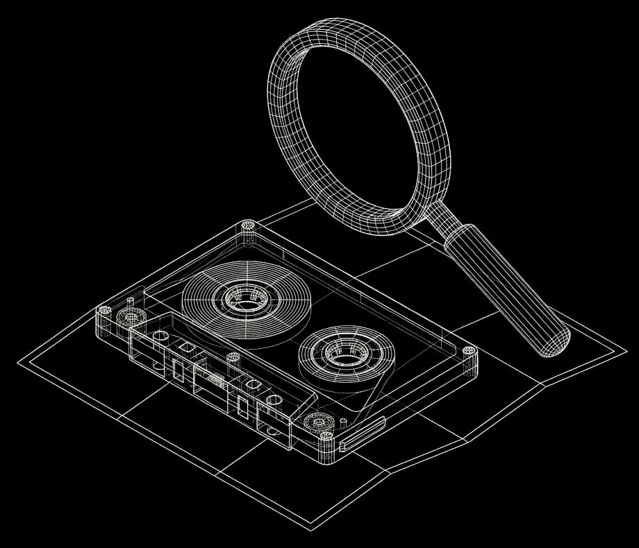 Isometric wireframe illustration of an agent configuration being reviewed