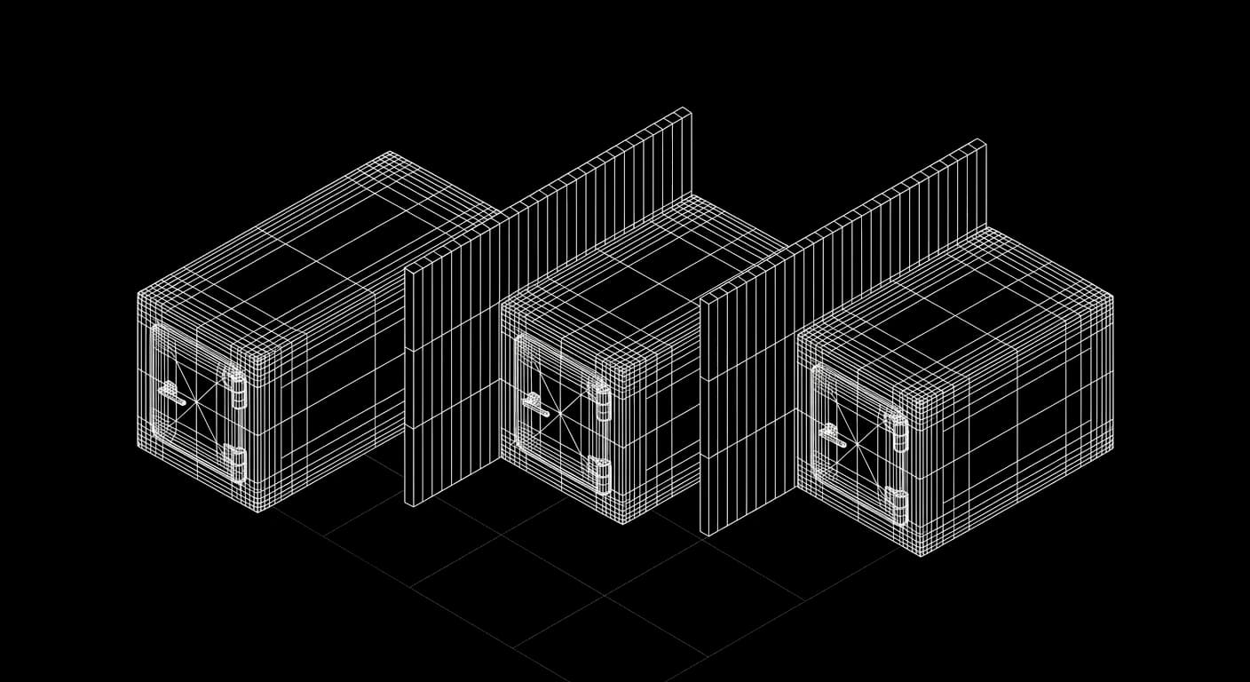 Isometric wireframe of three partitioned vaults in a row